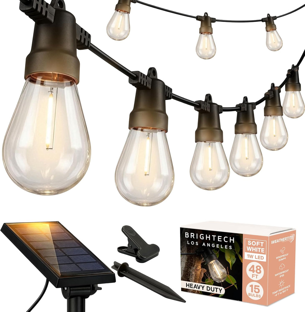 Brightech Ambience Pro Solar Outdoor String Lights — Edison Bulbs, 27ft or 48ft