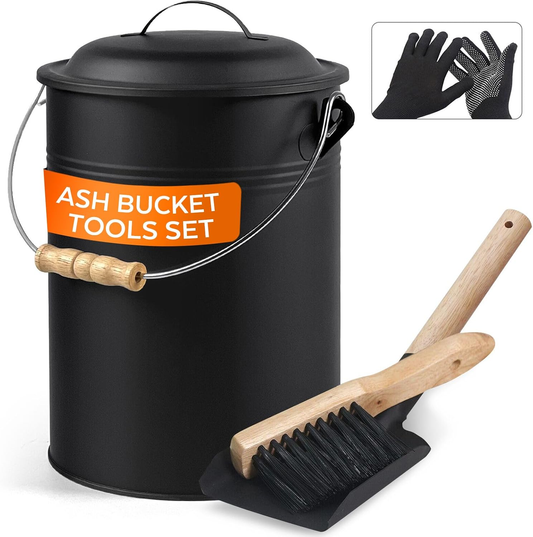 Ash Bucket with Lid, Shovel & Broom — Fireplace & Wood Stove Cleanup Kit