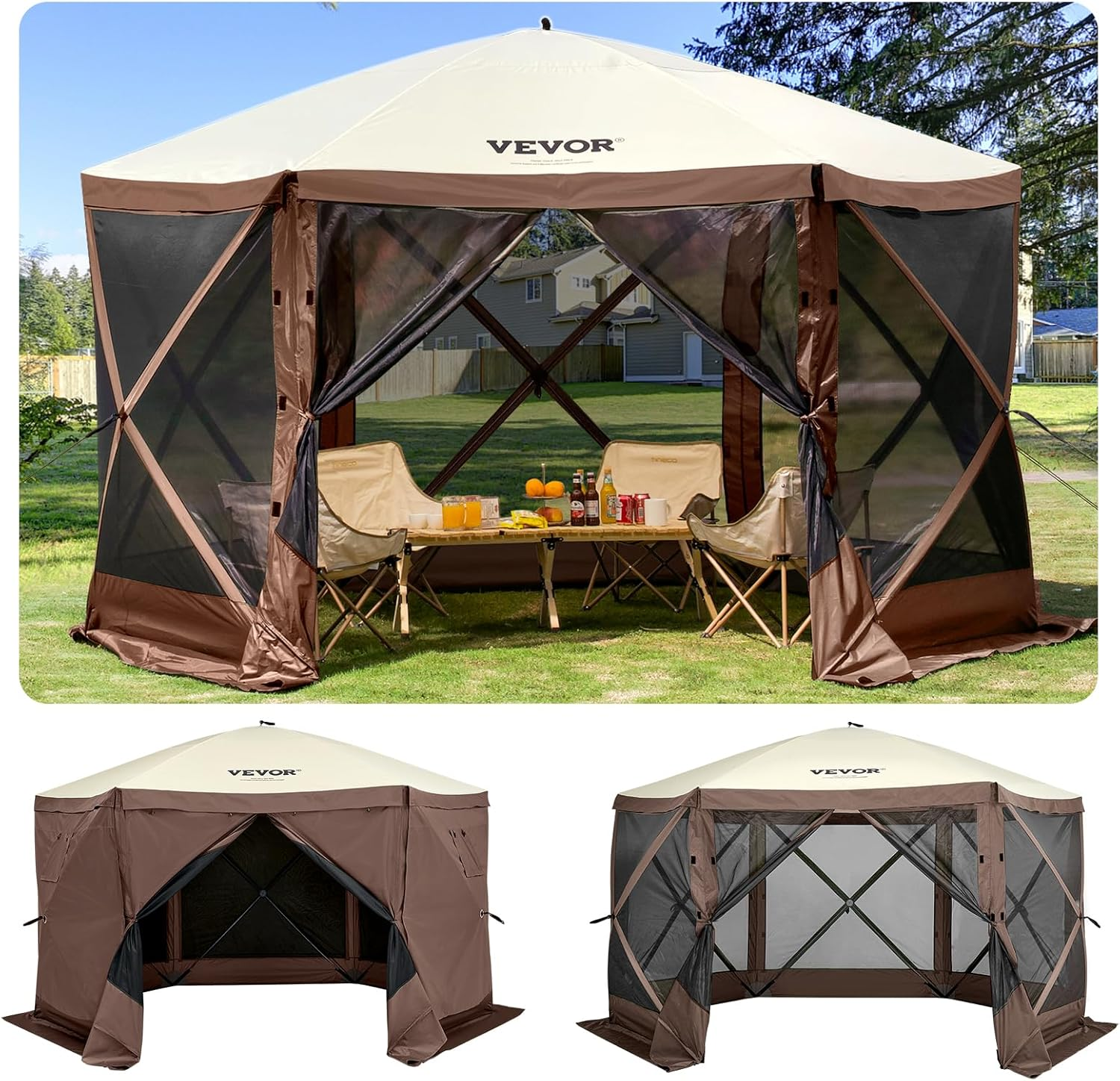12x12 Ft Camping Gazebo Screen Tent — Brown/Beige | Pop-Up Canopy with Mesh Windows & Carry Bag
