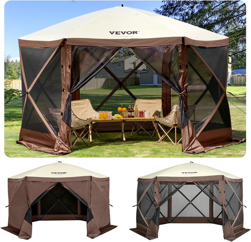 12x12 Ft Camping Gazebo Screen Tent — Brown/Beige | Pop-Up Canopy with Mesh Windows & Carry Bag