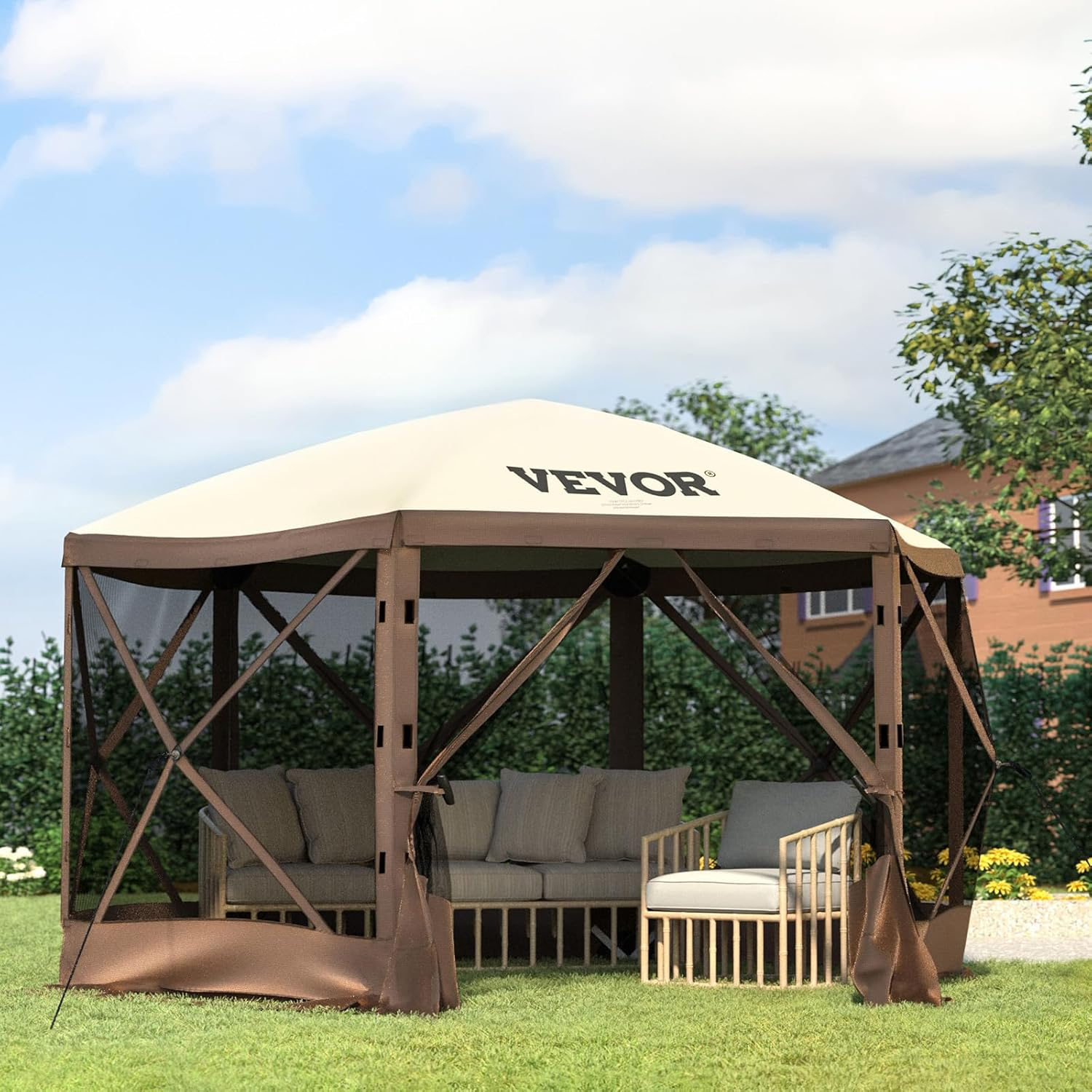 12x12 Ft Camping Gazebo Screen Tent — Brown/Beige | Pop-Up Canopy with Mesh Windows & Carry Bag