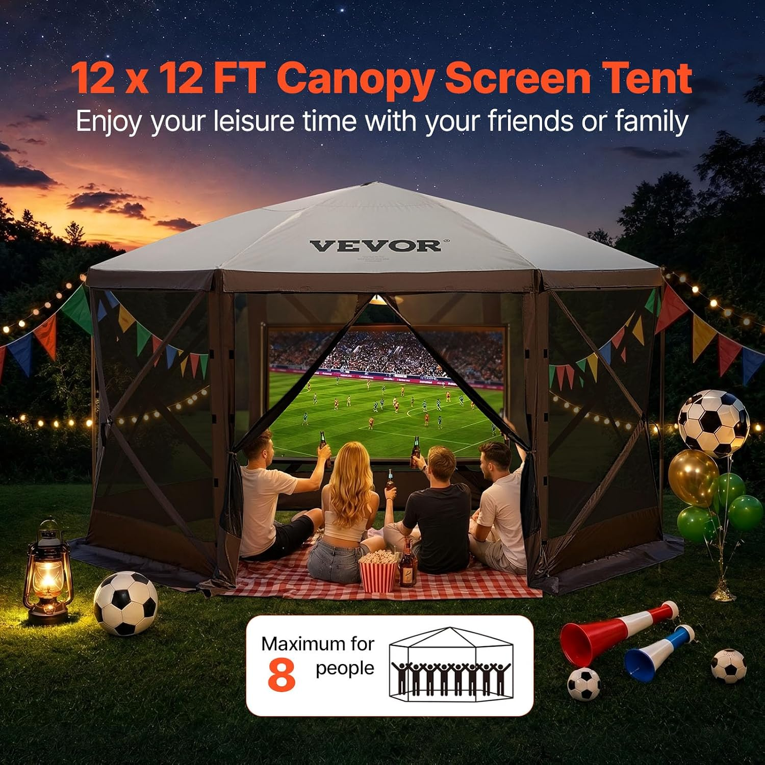 12x12 Ft Camping Gazebo Screen Tent — Brown/Beige | Pop-Up Canopy with Mesh Windows & Carry Bag