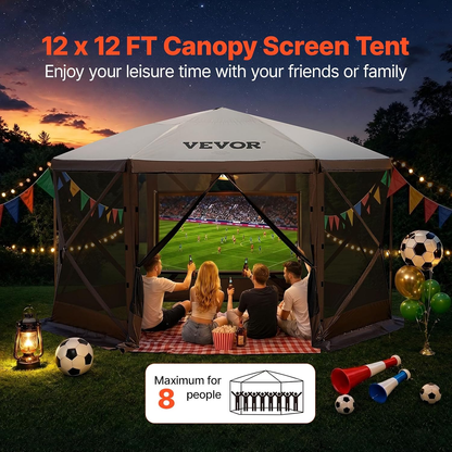 12x12 Ft Camping Gazebo Screen Tent — Brown/Beige | Pop-Up Canopy with Mesh Windows & Carry Bag