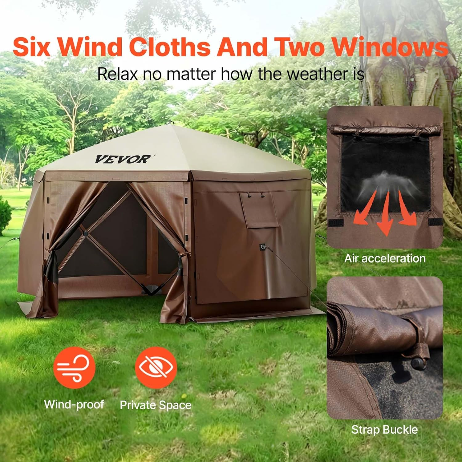 12x12 Ft Camping Gazebo Screen Tent — Brown/Beige | Pop-Up Canopy with Mesh Windows & Carry Bag