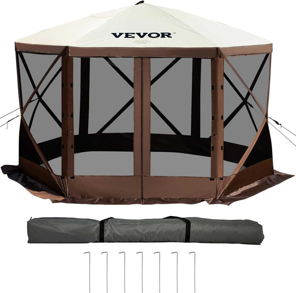 12x12 Ft Camping Gazebo Screen Tent — Brown/Beige | Pop-Up Canopy with Mesh Windows & Carry Bag