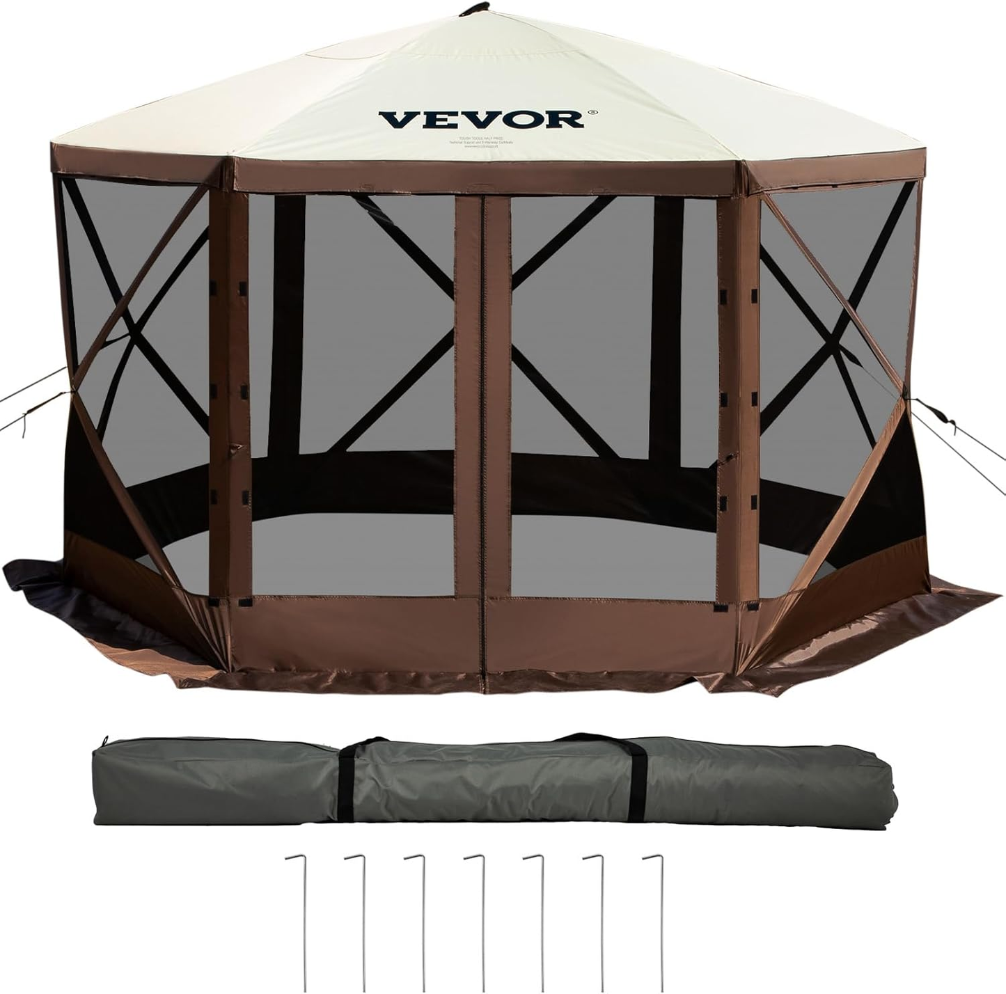 12x12 Ft Camping Gazebo Screen Tent — Brown/Beige | Pop-Up Canopy with Mesh Windows & Carry Bag