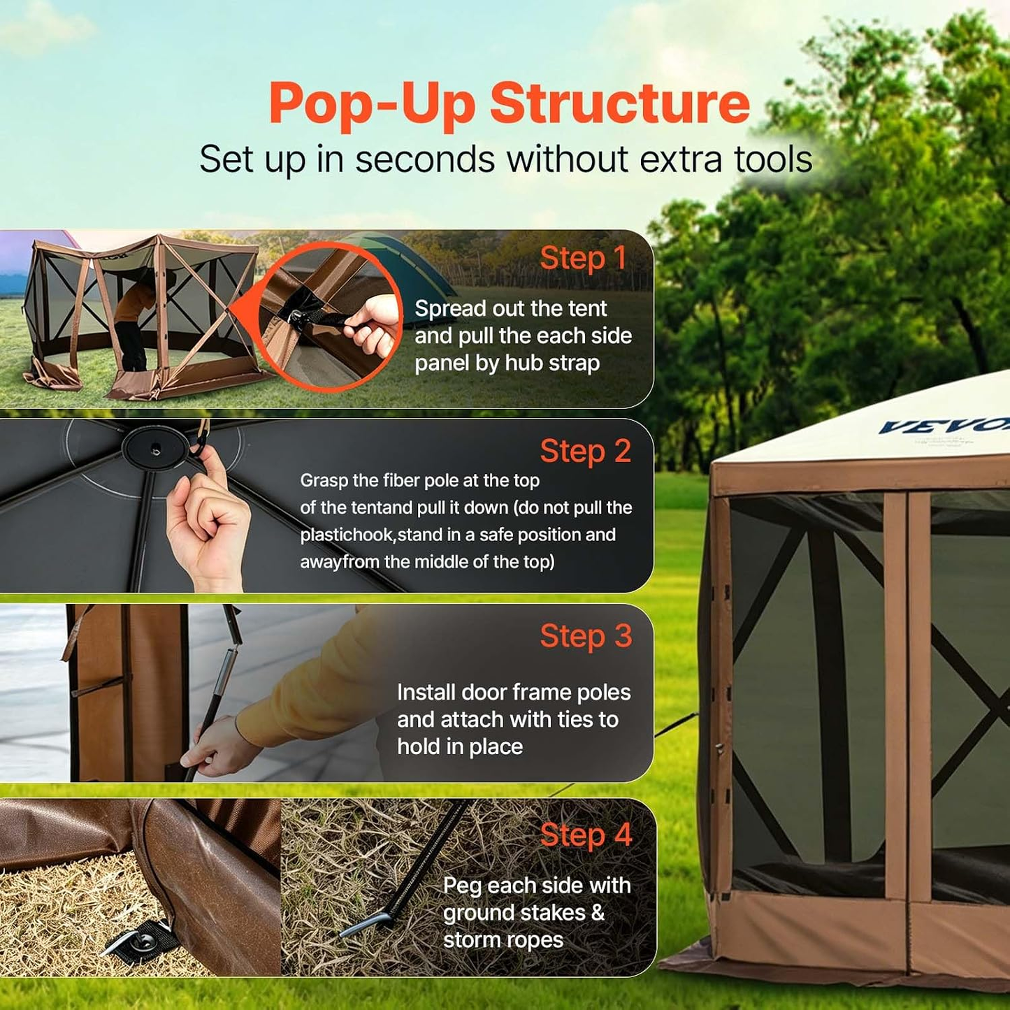 12x12 Ft Camping Gazebo Screen Tent — Brown/Beige | Pop-Up Canopy with Mesh Windows & Carry Bag