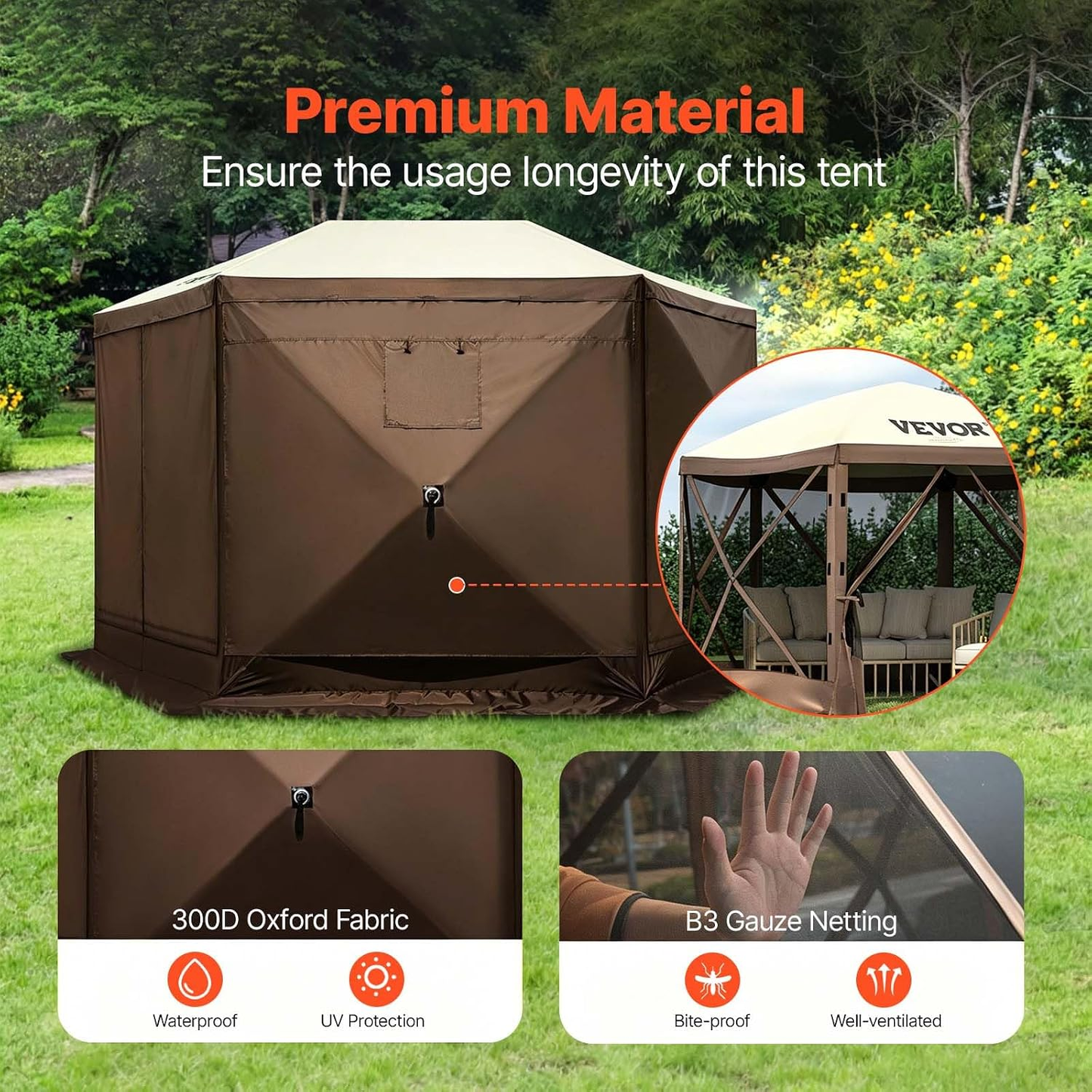 12x12 Ft Camping Gazebo Screen Tent — Brown/Beige | Pop-Up Canopy with Mesh Windows & Carry Bag