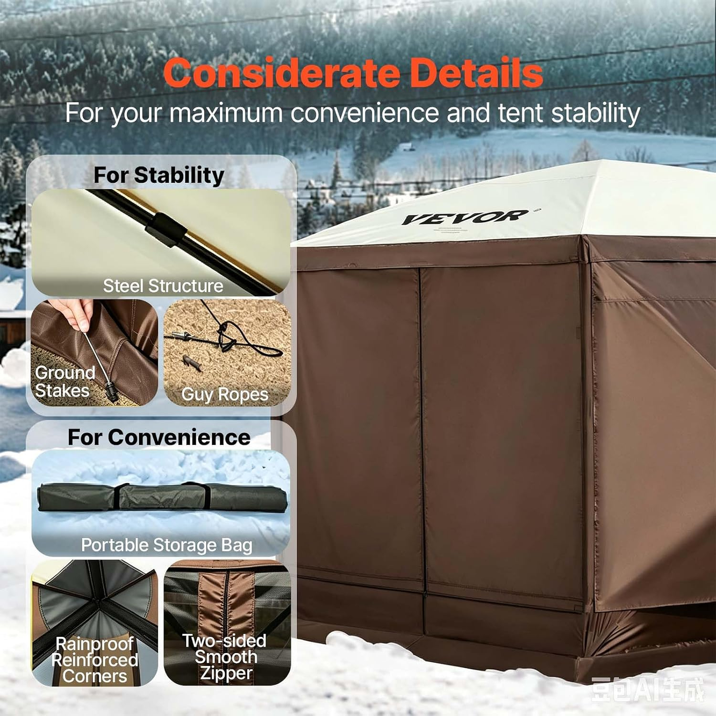 12x12 Ft Camping Gazebo Screen Tent — Brown/Beige | Pop-Up Canopy with Mesh Windows & Carry Bag
