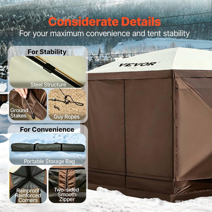 12x12 Ft Camping Gazebo Screen Tent — Brown/Beige | Pop-Up Canopy with Mesh Windows & Carry Bag