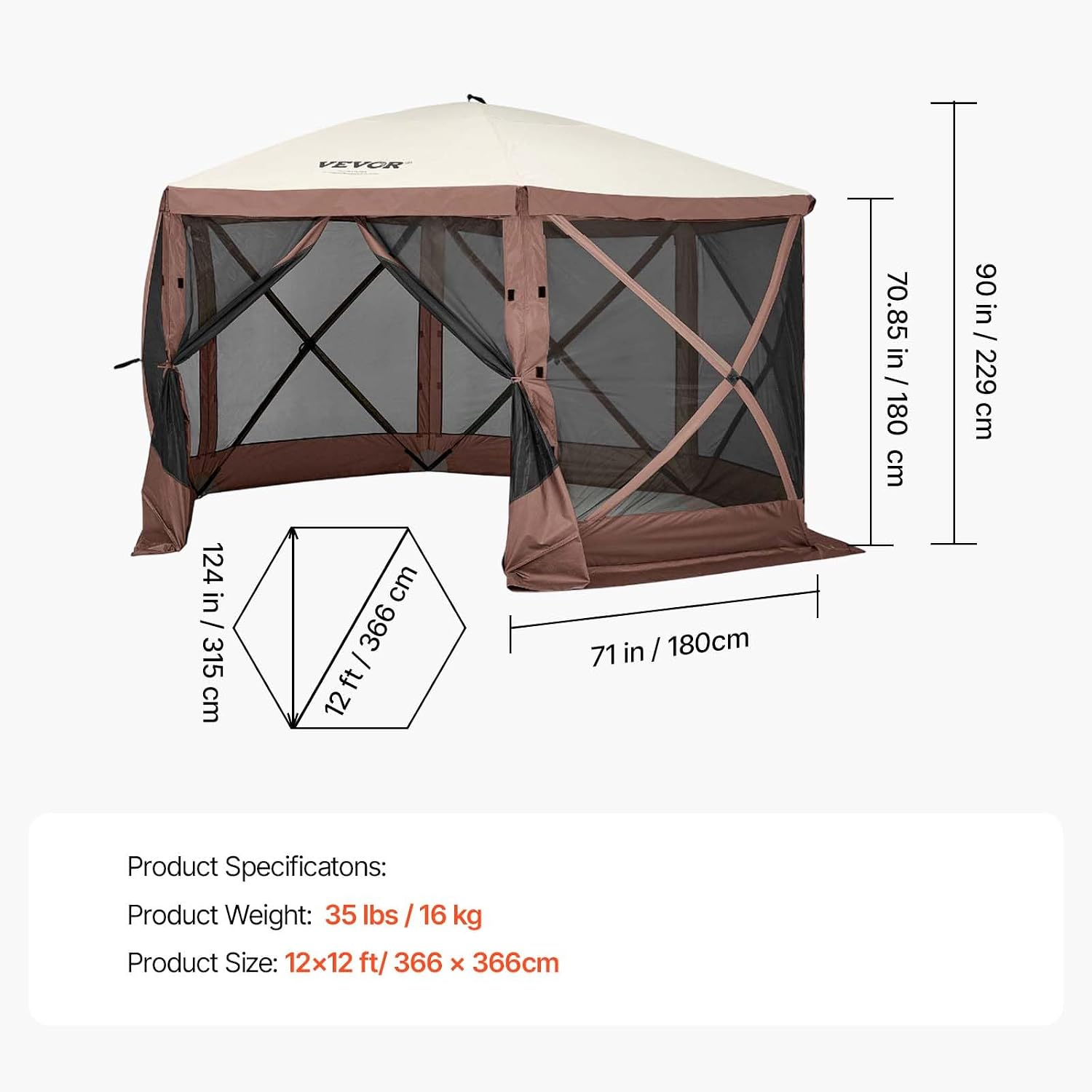 12x12 Ft Camping Gazebo Screen Tent — Brown/Beige | Pop-Up Canopy with Mesh Windows & Carry Bag