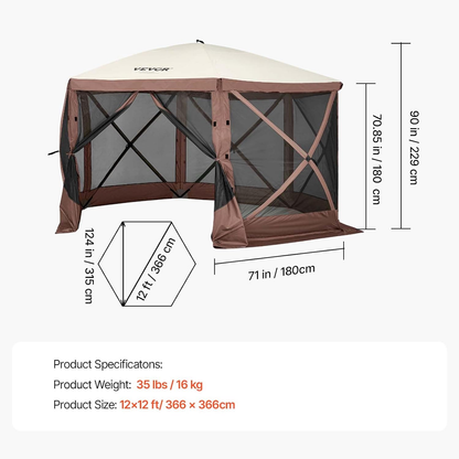 12x12 Ft Camping Gazebo Screen Tent — Brown/Beige | Pop-Up Canopy with Mesh Windows & Carry Bag