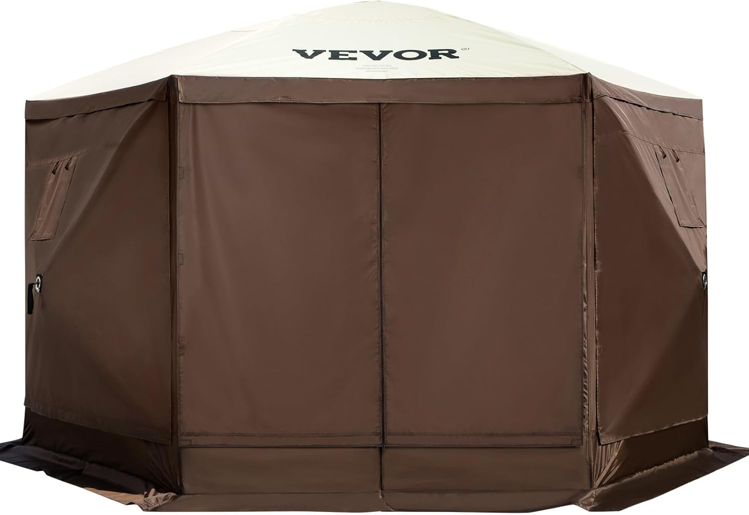 12x12 Ft Camping Gazebo Screen Tent — Brown/Beige | Pop-Up Canopy with Mesh Windows & Carry Bag