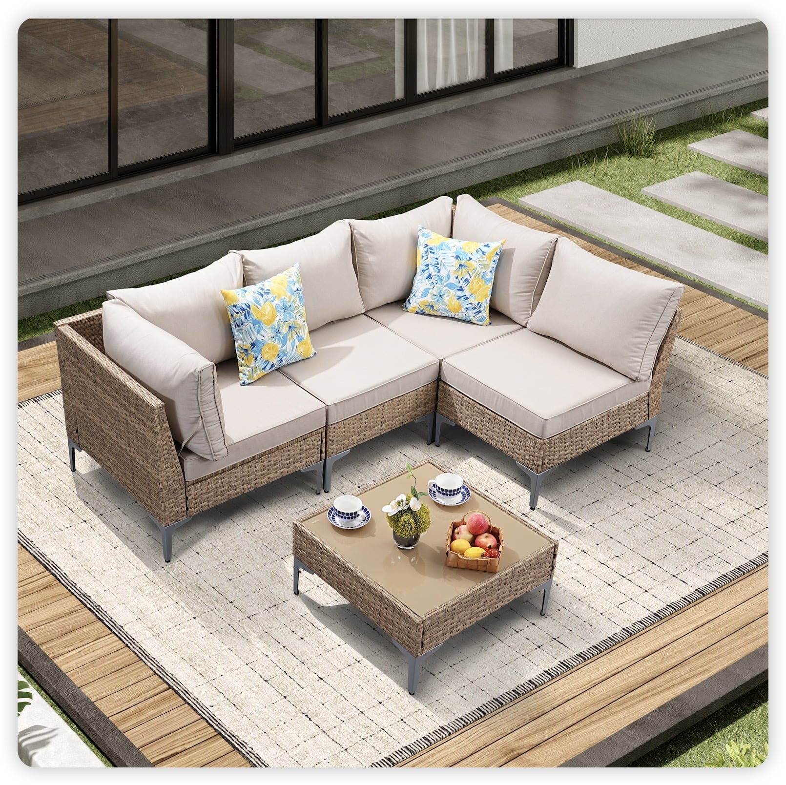 5-Piece Wicker Patio Conversation Set with Coffee Table — Beige