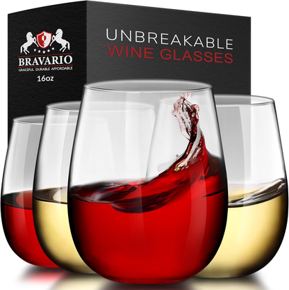 Bravario Unbreakable Stemless Wine Glasses — 16 oz | Set of 4