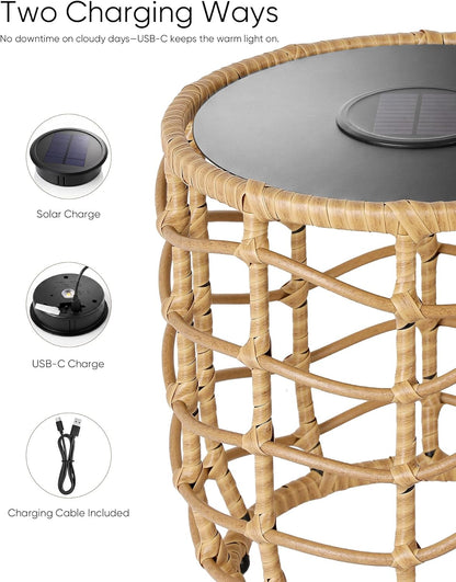 Boho Solar Outdoor Side Table with Built-In Lights Set of 2, All-Weather Wicker Nesting Tables, round Waterproof Accent End Table Design for Patio, Porch, Garden & Balcony, Natural Brown