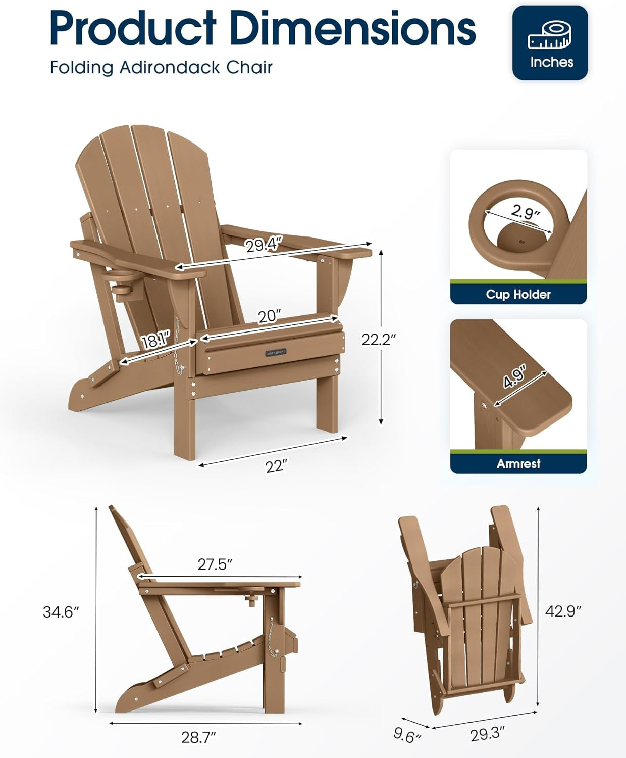 Folding Adirondack Chairs, Patio Chairs, Lawn Chairs, Outdoor Chair, Adirondack Chair Plastic, Fire Pit Chairs, Weather Resistant with Cup Holder for Deck, Backyard, Garden(Teak)