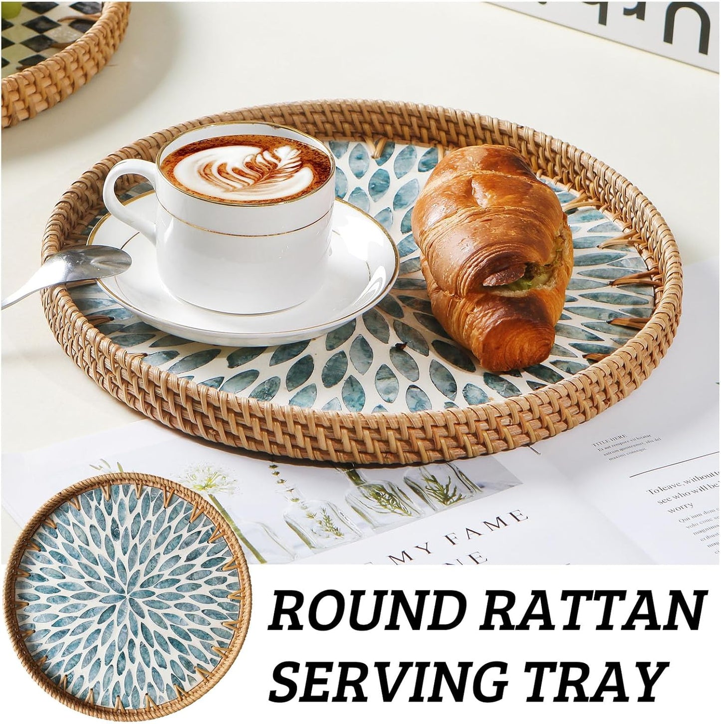 Round Rattan Tray with Mother of Pearl Inlay, Wooden Base | Coffee Table Serving Tray, Home Decorative Wicker Woven, for Outoor Patio Decor