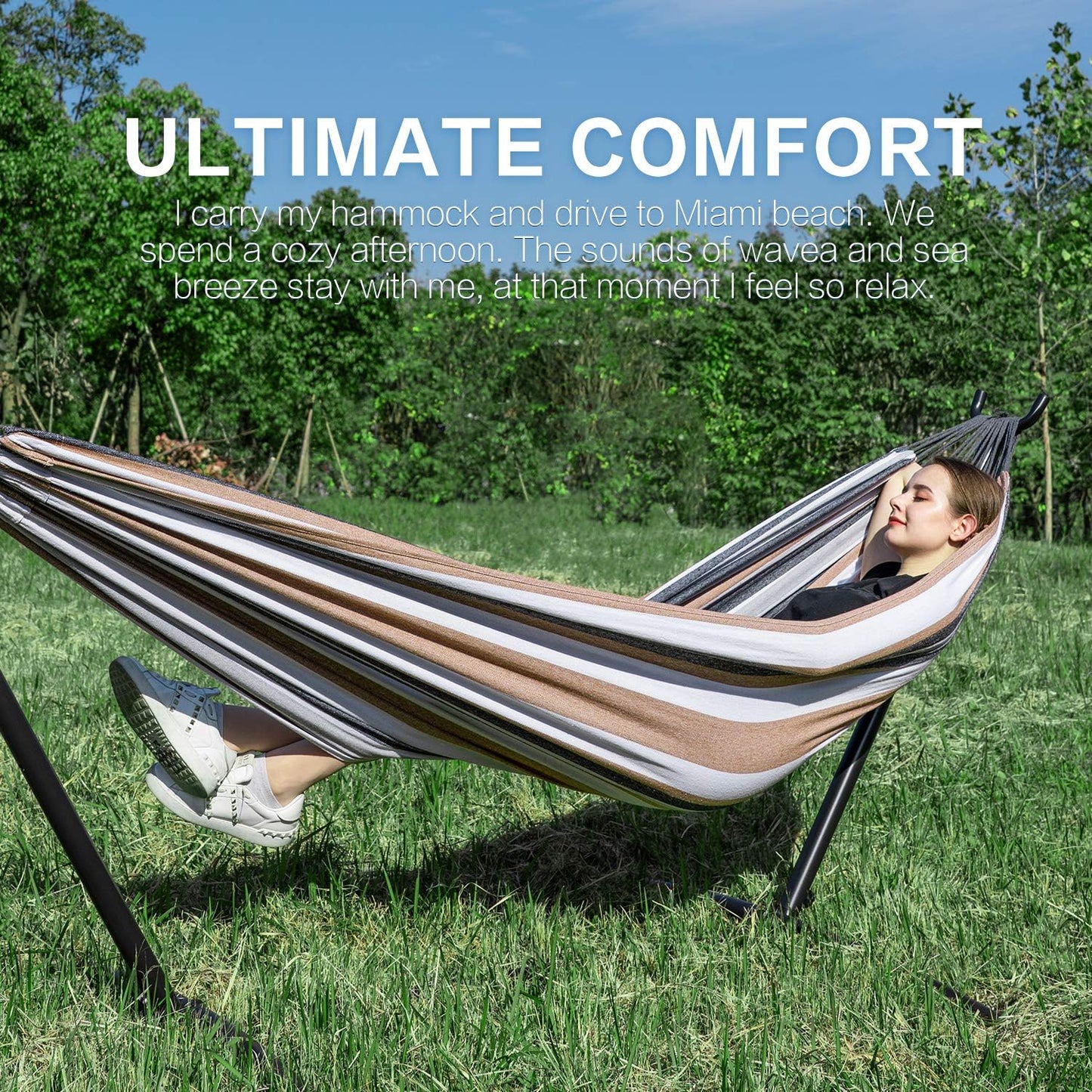 Double Hammocks with Stand for Outside, Portable Heavy-Duty Steel Frame | 2 Person 450 Lbs Capacity