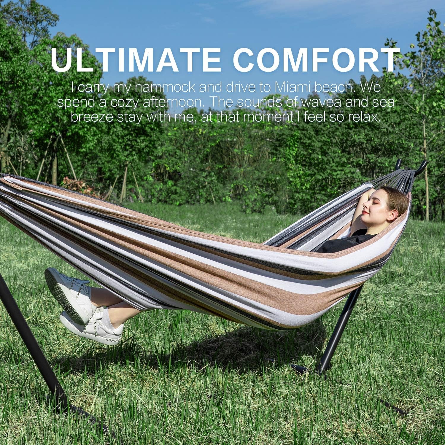 Double Hammocks with Stand for Outside, Portable Heavy-Duty Steel Frame | 2 Person 450 Lbs Capacity