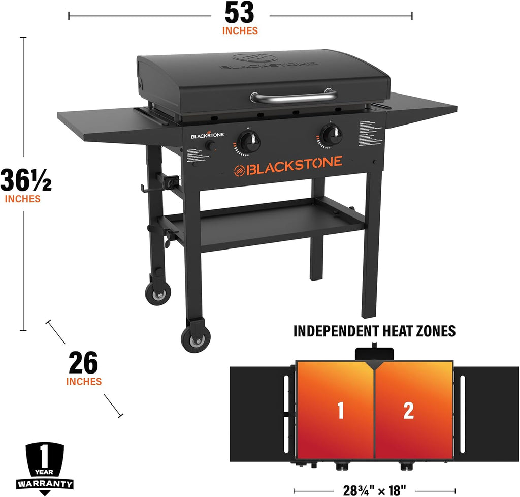 Blackstone 2450AZ 28" Omnivore Griddle with Hood Bundle | Includes 28" Griddle with Hood, Soft Cover, and Two Spatulas, Two Burner, Propane