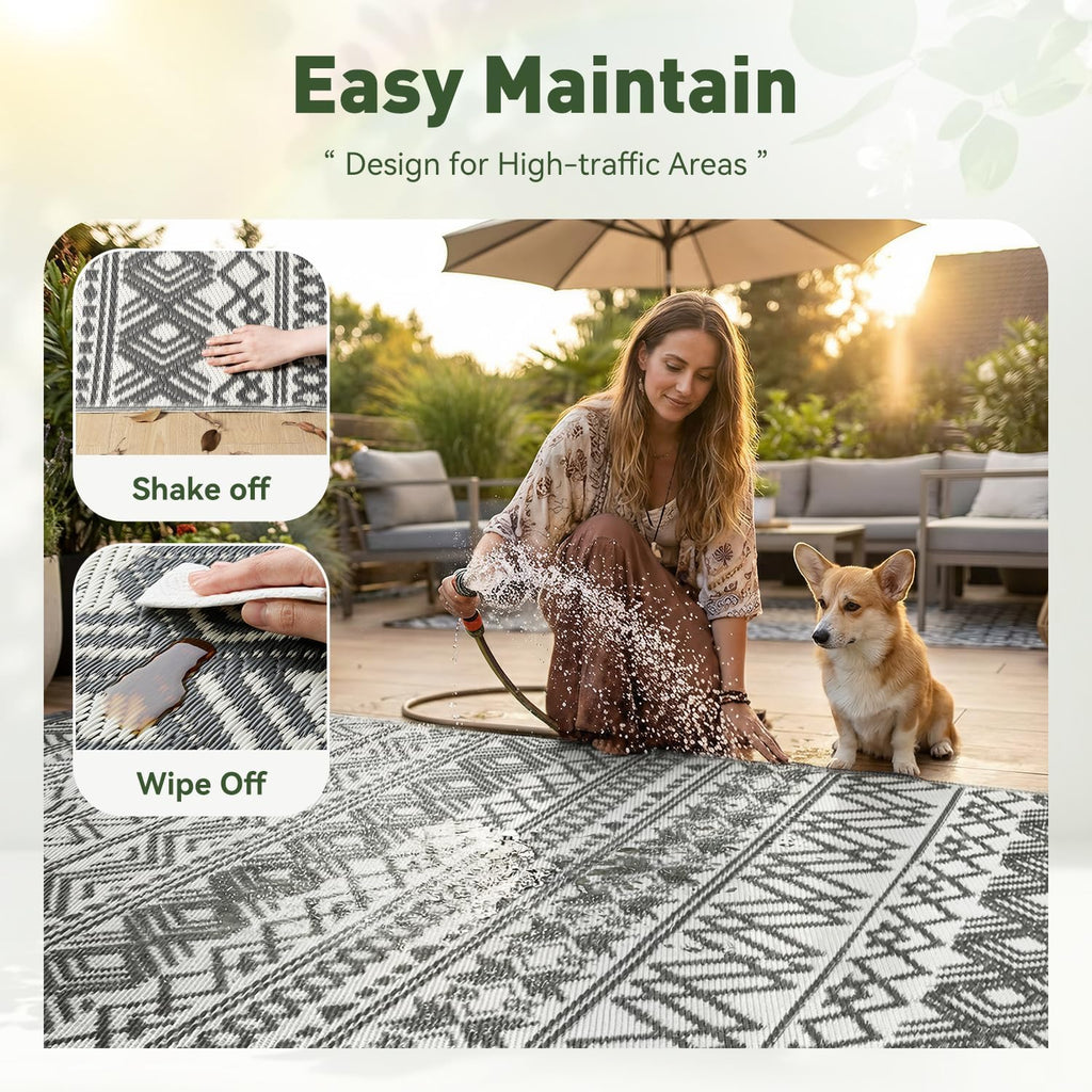 Outdoor Rug Carpet Waterproof 5X8 Outdoor Patio Rug Mat Reverisble Plastic Straw Outdoor Rug for RV Camping Picnic Beach Balcony Boho Grey