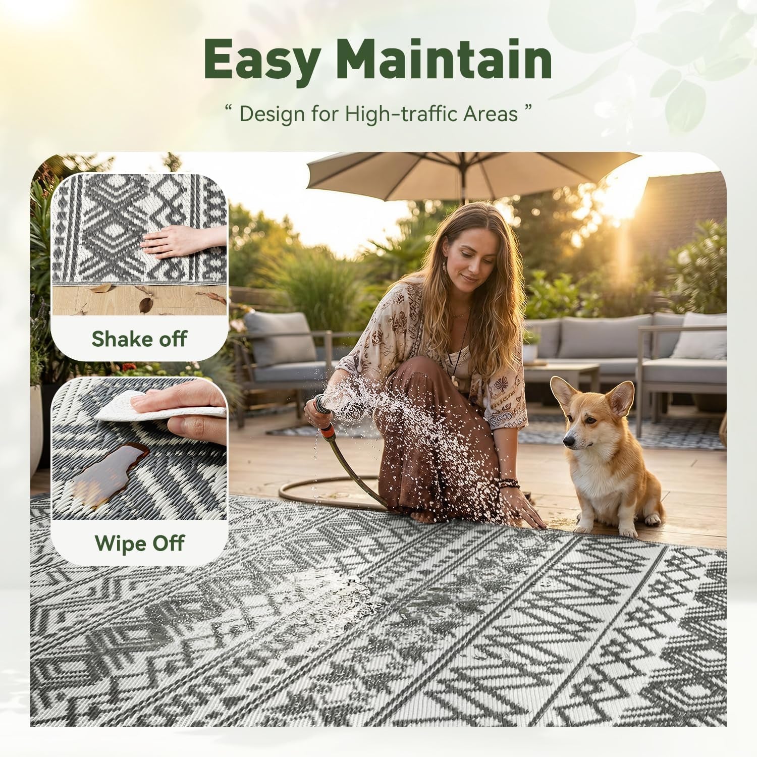 Outdoor Rug Carpet Waterproof 5X8 Outdoor Patio Rug Mat Reverisble Plastic Straw Outdoor Rug for RV Camping Picnic Beach Balcony Boho Grey
