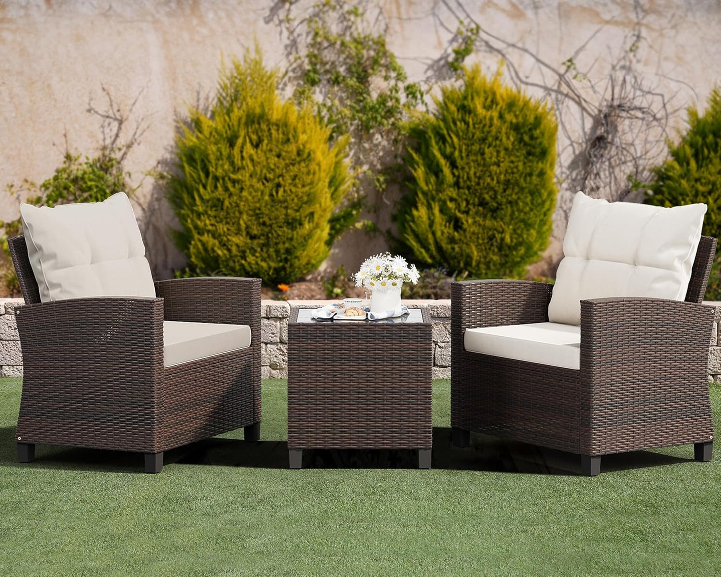3 Pieces Patio Furniture Set, PE Rattan Wicker 3 Pcs Patio Set, Two Outdoor Chairs + Table