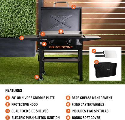 Blackstone 2450AZ 28" Omnivore Griddle with Hood Bundle | Includes 28" Griddle with Hood, Soft Cover, and Two Spatulas, Two Burner, Propane