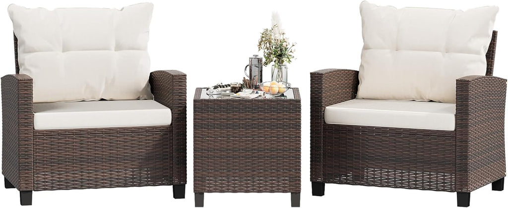 3 Pieces Patio Furniture Set, PE Rattan Wicker 3 Pcs Patio Set, Two Outdoor Chairs + Table