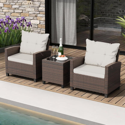 3 Pieces Patio Furniture Set, PE Rattan Wicker 3 Pcs Patio Set, Two Outdoor Chairs + Table