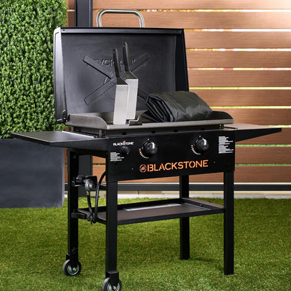 Blackstone 2450AZ 28" Omnivore Griddle with Hood Bundle | Includes 28" Griddle with Hood, Soft Cover, and Two Spatulas, Two Burner, Propane