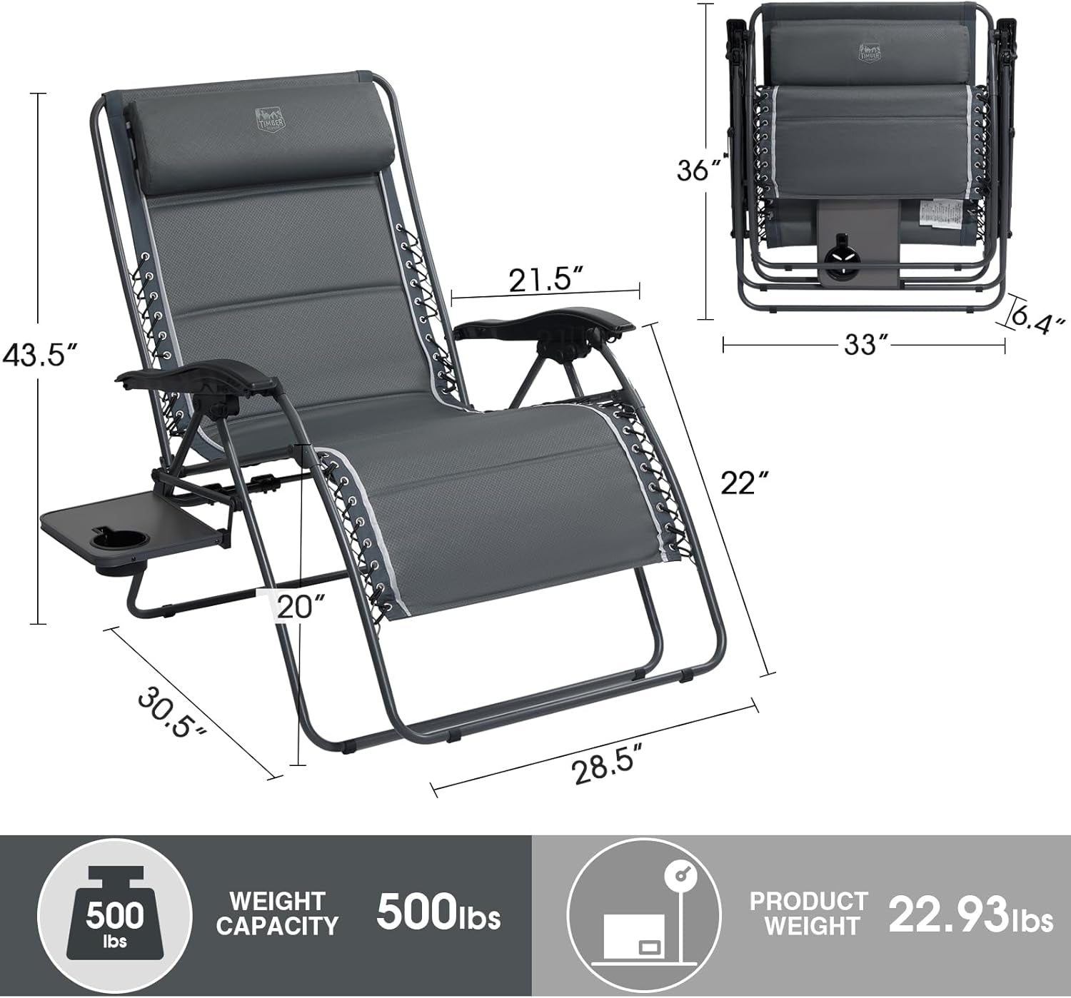 Oversized Zero Gravity Chair, 33In Wide XXL Zero Gravity Reclining Chair with Side Table, Full Padded Lounge Chair for Outdoor Camping Patio Lawn, Heavy Duty Supports 500Lbs, Grey-1 Pack