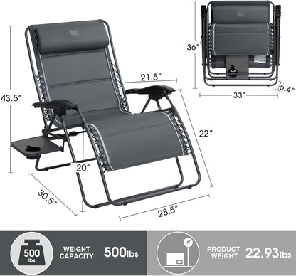Oversized Zero Gravity Chair, 33In Wide XXL Zero Gravity Reclining Chair with Side Table, Full Padded Lounge Chair for Outdoor Camping Patio Lawn, Heavy Duty Supports 500Lbs, Grey-1 Pack