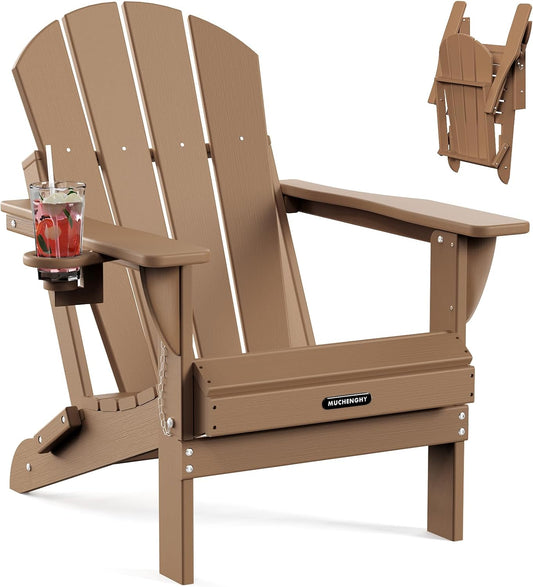 Folding Adirondack Chairs, Patio Chairs, Lawn Chairs, Outdoor Chair, Adirondack Chair Plastic, Fire Pit Chairs, Weather Resistant with Cup Holder for Deck, Backyard, Garden(Teak)