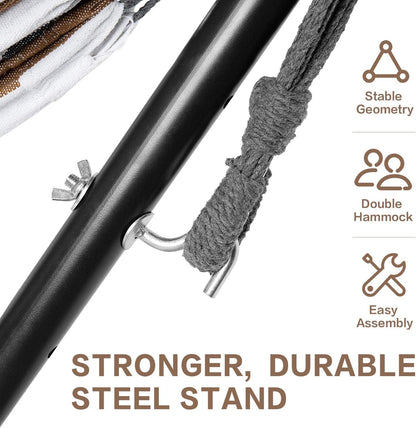 Double Hammocks with Stand for Outside, Portable Heavy-Duty Steel Frame | 2 Person 450 Lbs Capacity