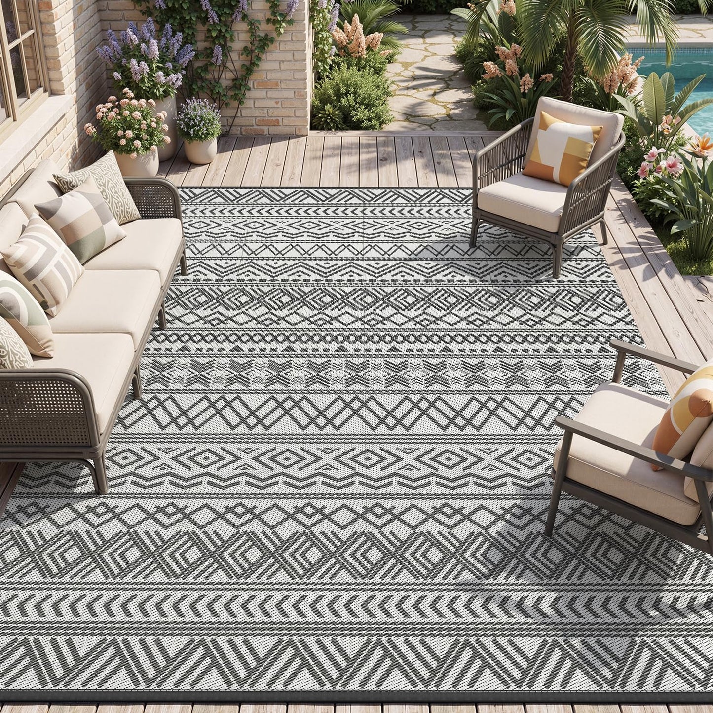 Outdoor Rug Carpet Waterproof 5X8 Outdoor Patio Rug Mat Reverisble Plastic Straw Outdoor Rug for RV Camping Picnic Beach Balcony Boho Grey