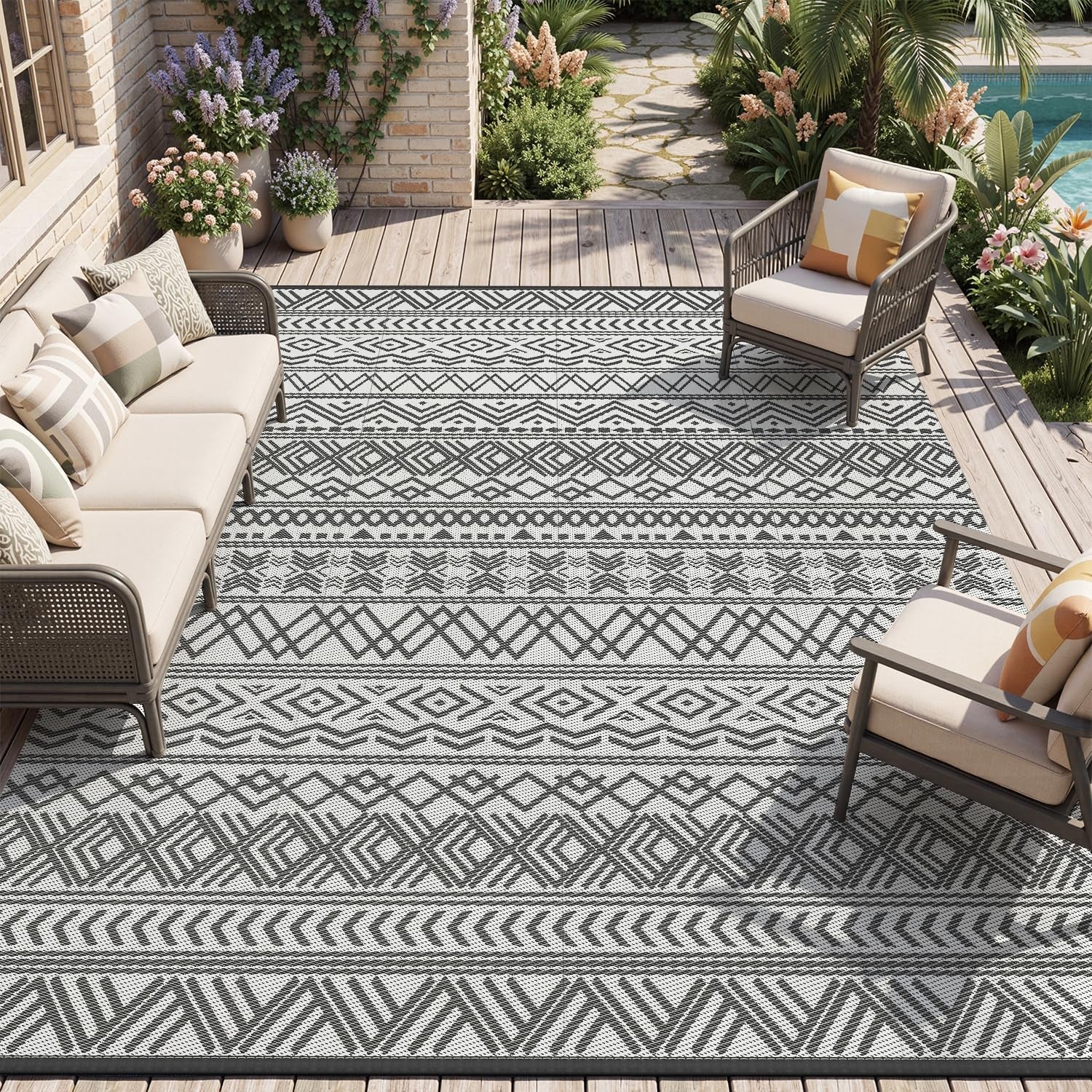 Outdoor Rug Carpet Waterproof 5X8 Outdoor Patio Rug Mat Reverisble Plastic Straw Outdoor Rug for RV Camping Picnic Beach Balcony Boho Grey