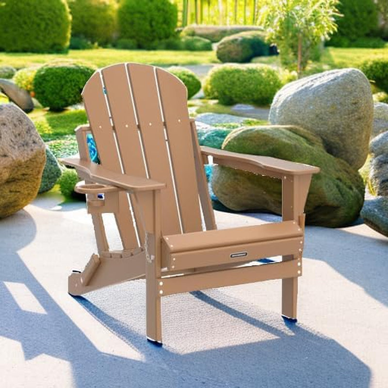Folding Adirondack Chairs, Patio Chairs, Lawn Chairs, Outdoor Chair, Adirondack Chair Plastic, Fire Pit Chairs, Weather Resistant with Cup Holder for Deck, Backyard, Garden(Teak)