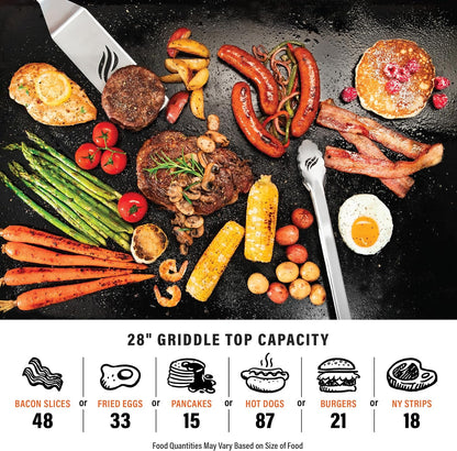 Blackstone 2450AZ 28" Omnivore Griddle with Hood Bundle | Includes 28" Griddle with Hood, Soft Cover, and Two Spatulas, Two Burner, Propane