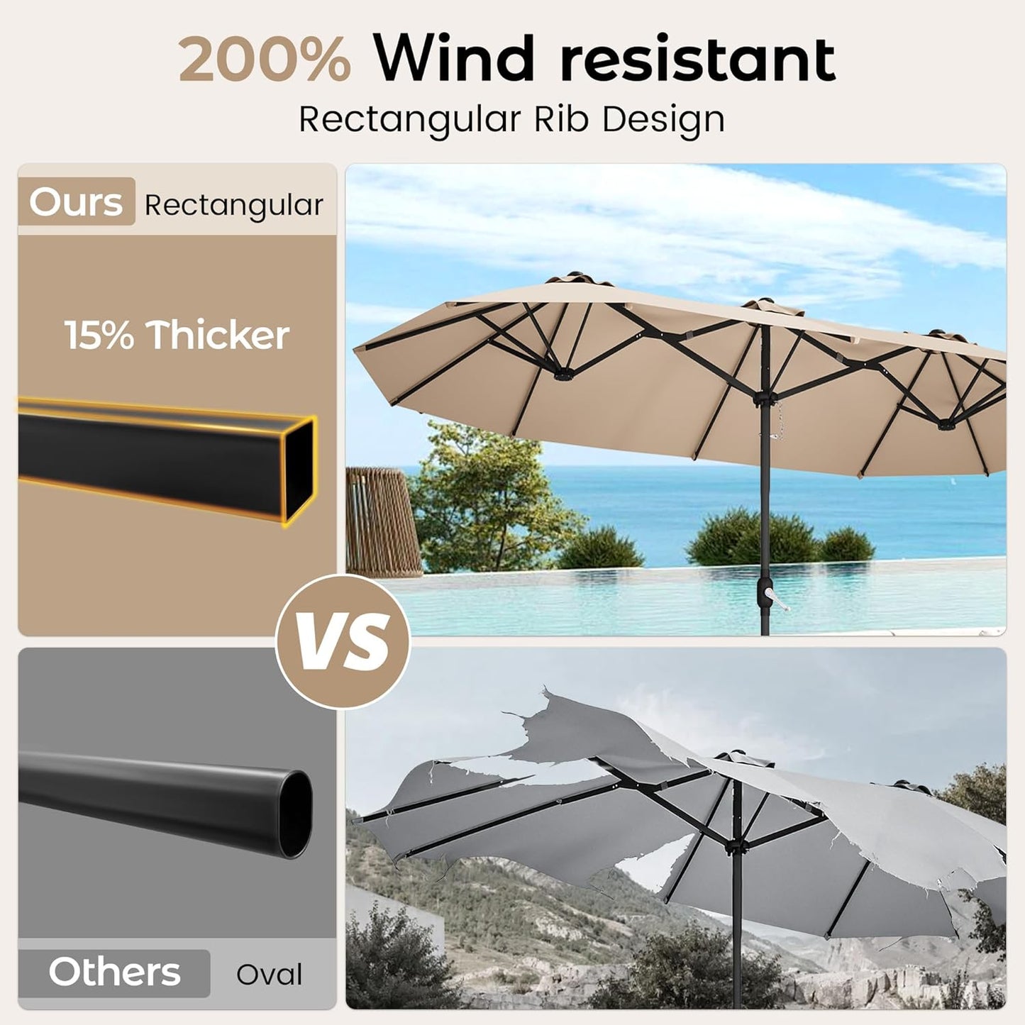 15Ft Patio Umbrella with Base, Double-Sided Rectangle Umbrella with Crank Handle